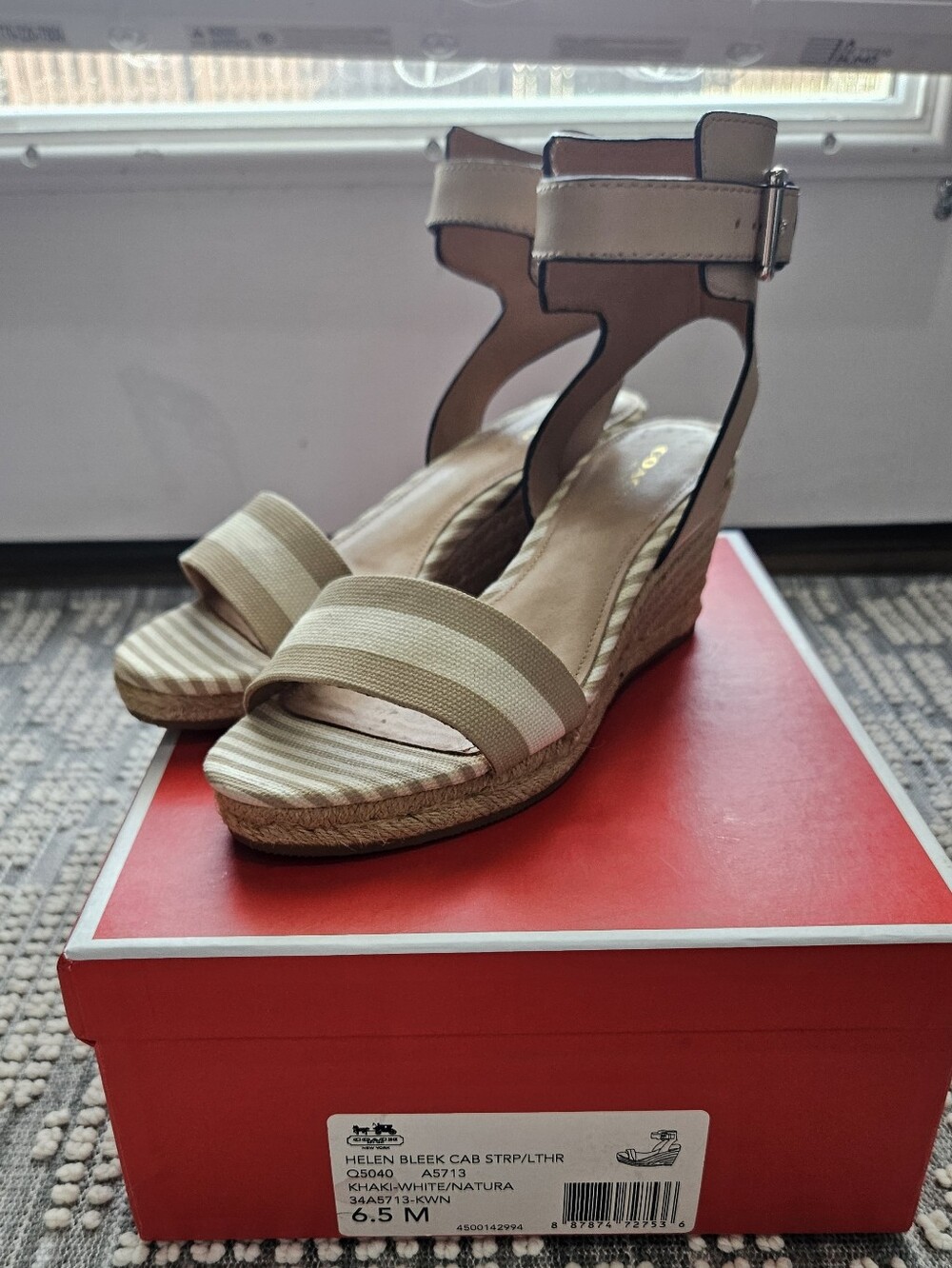 Coach Beige Striped Ankle-Strap Espadrille Wedges